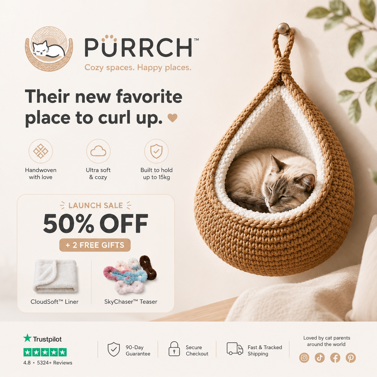 PÜRRCH™ Handwoven Hanging Cat Cocoon